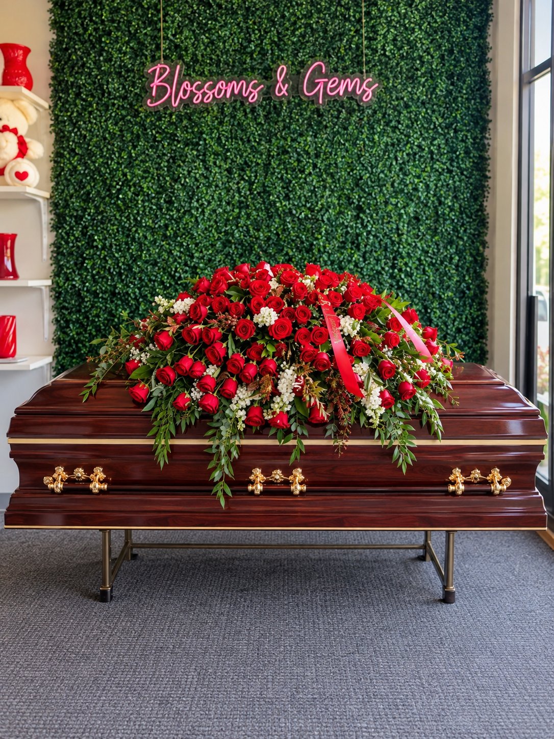 Red rose casket spray sitting on top of a casket in the Blossoms & Gems shop