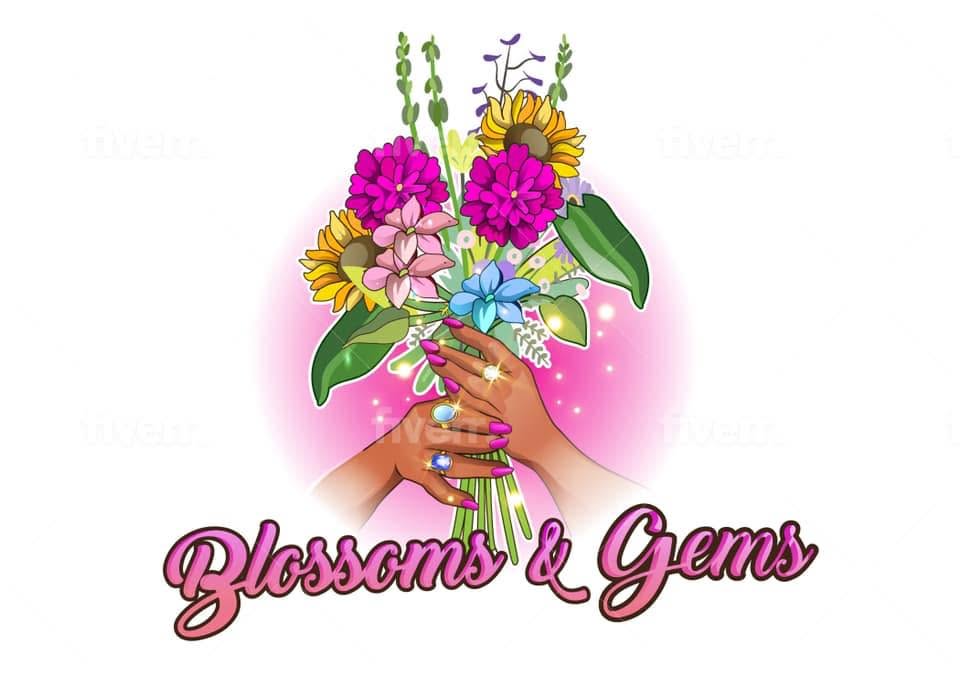 Blossoms & Gems logo artwork — hands with gemstone rings holding a bouquet