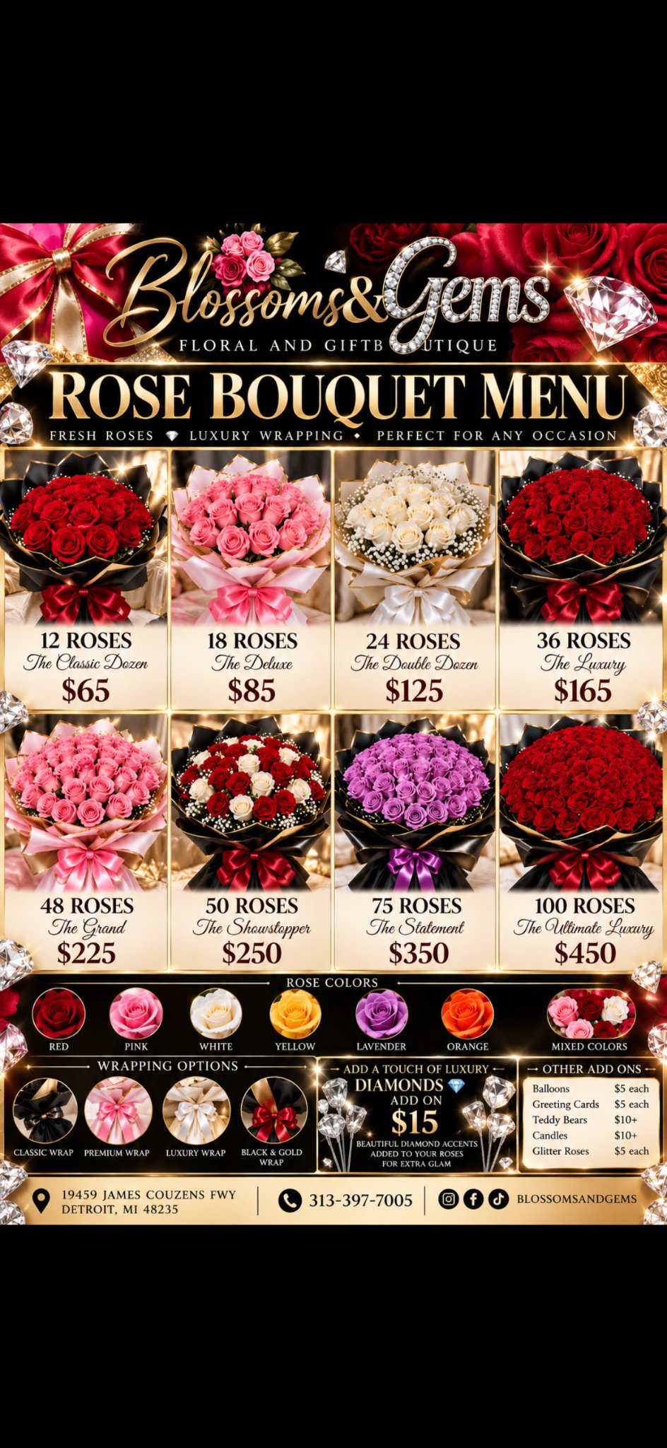 The Blossoms & Gems rose bouquet menu — the shop's own price list