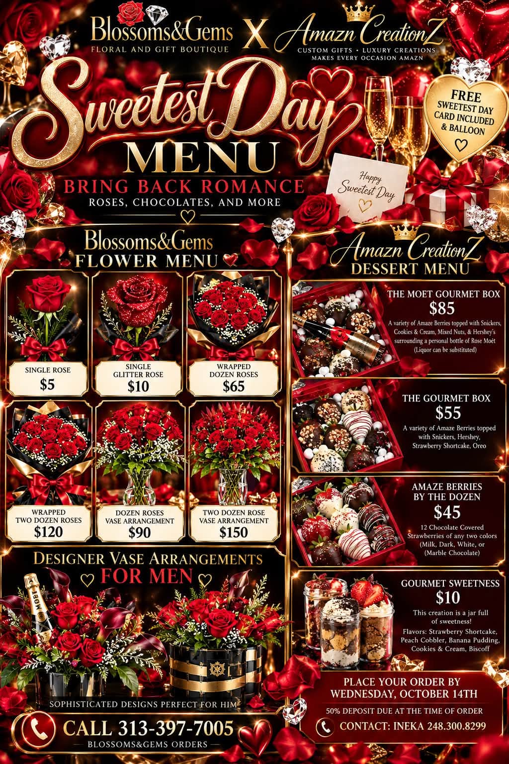 Blossoms & Gems Sweetest Day menu graphic with arrangement photos and prices